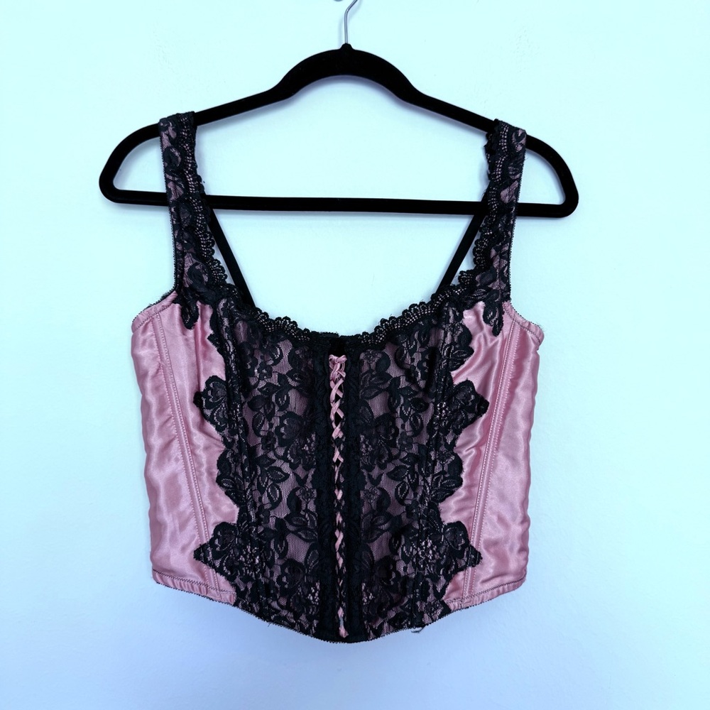 Frederick’s of Hollywood Satin Pink Corset Top with Black Lace Overlay